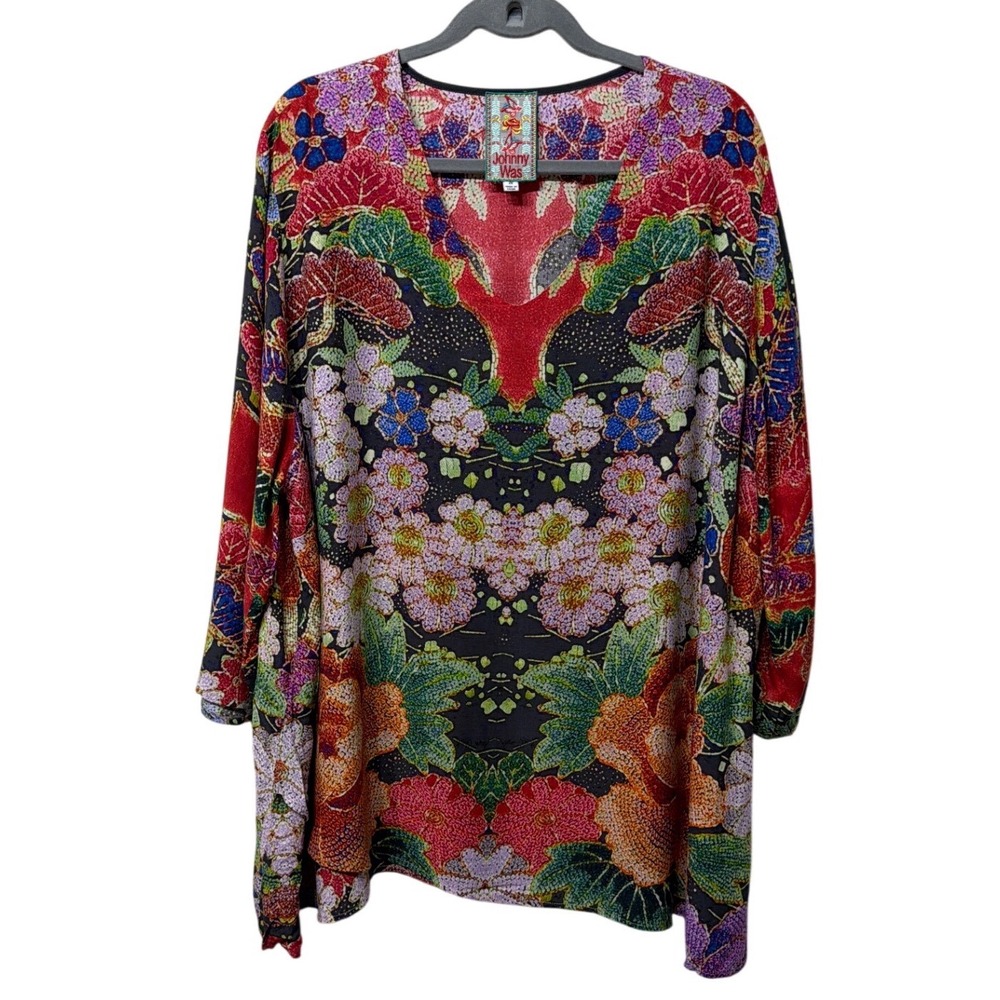 Johnny Was Women 2X Floral Pointillism V-Neck Rayon Tunic Top Multicolor Overlay